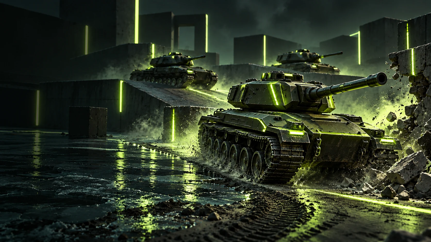 Неоновые оливковые танки на тёмном полигоне — 3D-арт мира TankLab